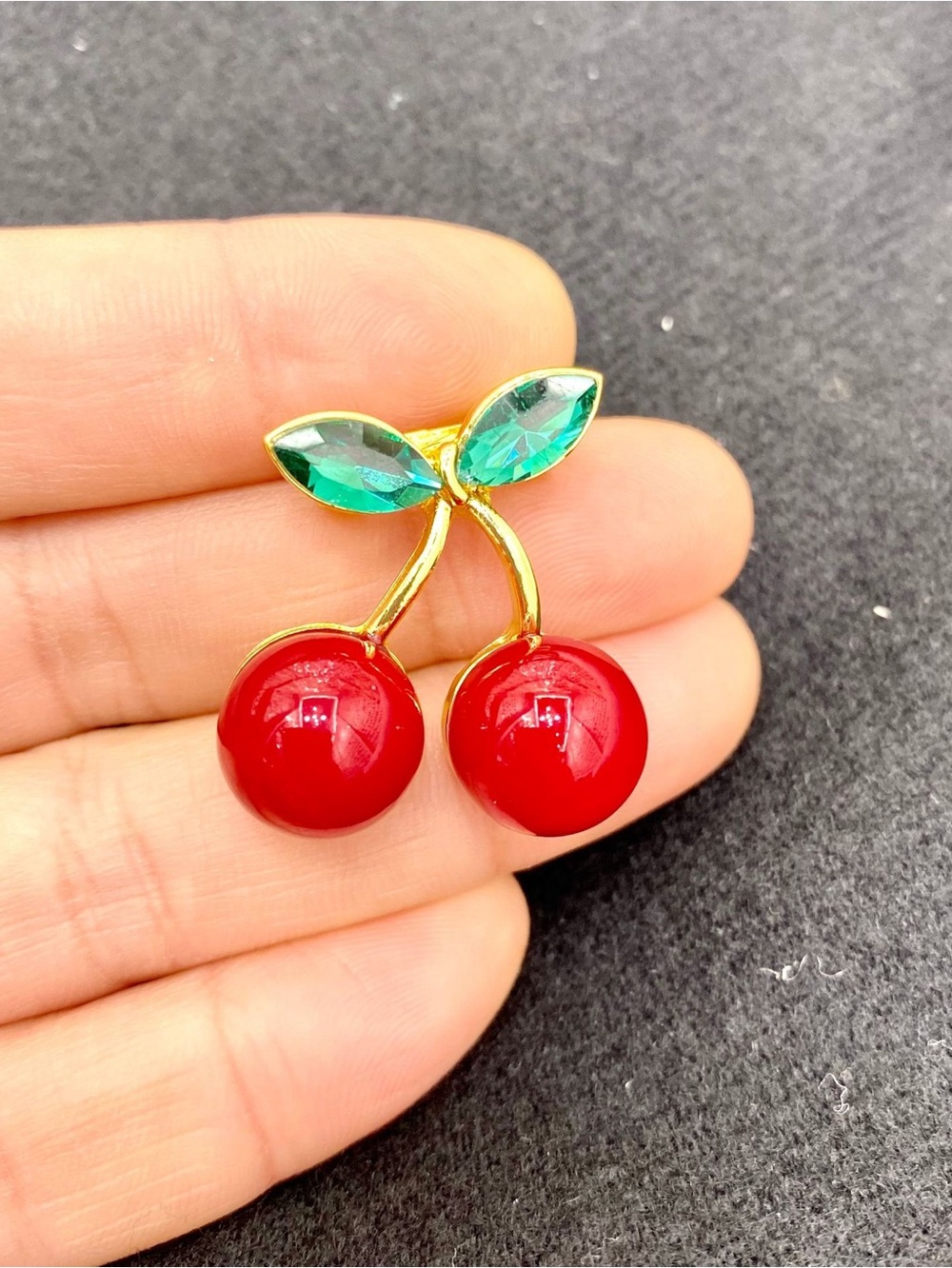 Cherry Rhinestone Brooch Pin – Red Fruit Gold Tone Statement Lapel Pin